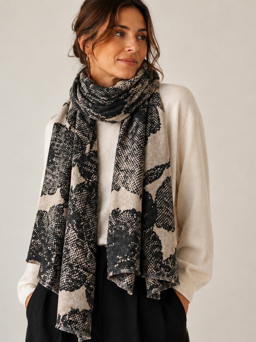 Oversized Floral Wrap Scarf Shawl Soft Cozy Quiet Luxury Art-To-Wear